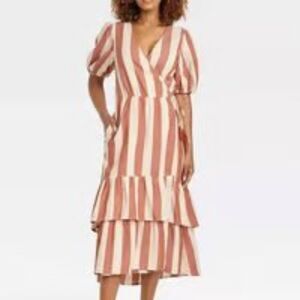 🧺Knox Rose Short Puff Sleeve Striped Light Beige & Rust Wrap Dress, size S